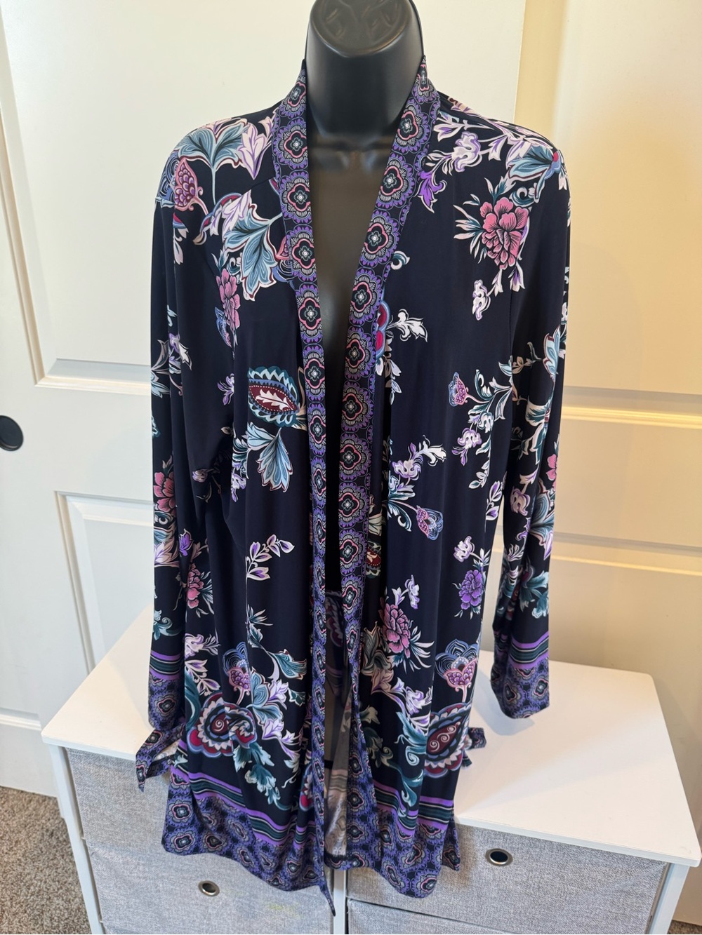 Susan Graver Navy Floral Open-Front Kimono with Purple Accents